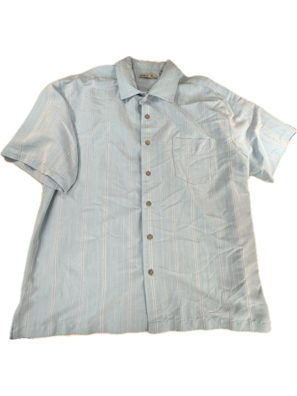 Batik Bay Men XL Light Blue Stripe Button Up Shirt Short Sleeve Rayon Blend